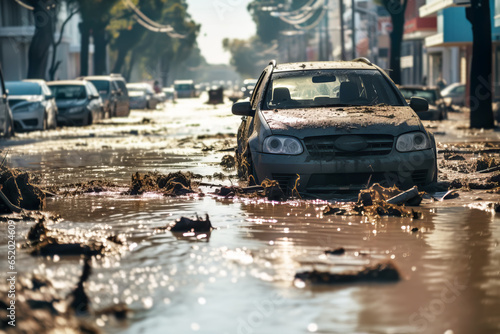 Flooded cars on on city street. Dirt and destruction after natural flood disaster