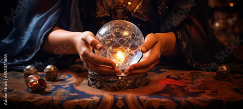 Fortune teller hands on crystal ball with elaborate fabrics and cinematic lights 
