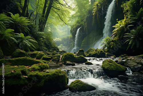 A roaring waterfall hidden within a lush forest, a natural wonder that instills awe and wonder. Generative Ai. © Sebastian