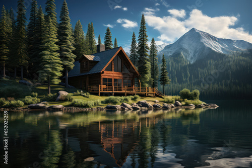 A serene lakeside cabin, surrounded by towering pine trees and reflecting in calm waters. Generative Ai.