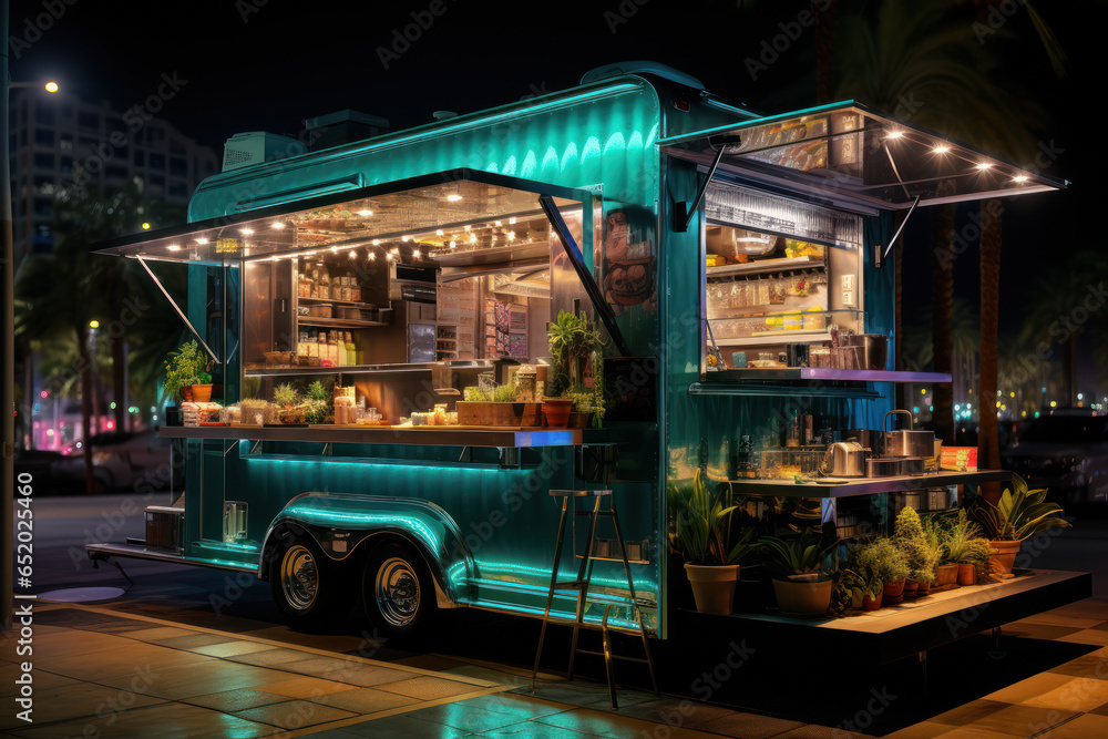 A mobile food truck serving gourmet meals on wheels, bringing culinary delights to unexpected places. Generative Ai.