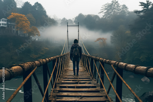 Fotografia Man standing on a wooden bridge over a waterfall in the autumn forest