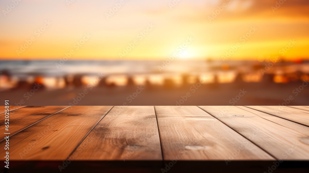 wooden background against blurred beach at sunset wooden background against blurred beach at sunset