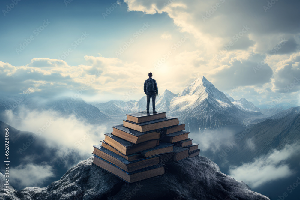 concept education. man conquers a mountain of books concept education. man conquers a mountain of books
