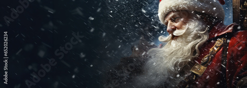 Dramatic Santa Claus standing in snow fall banner with copy space 