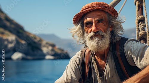 Greek fisherman in his traditional hat and vest, on his boat with the blue Sea in the background