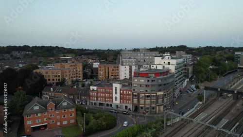 High Angle View of South East Downtown and Central Luton City and Commercial District After Sunset and During Night. The Image Was Captured With Drone's Camera on September 5th, 2023 photo