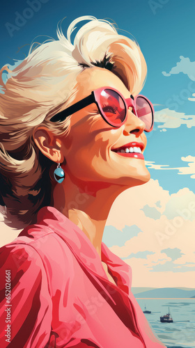 Happy woman 50-60 years old smiling and looking into the distance, illustration, happiness of being alive after recovery from cancer