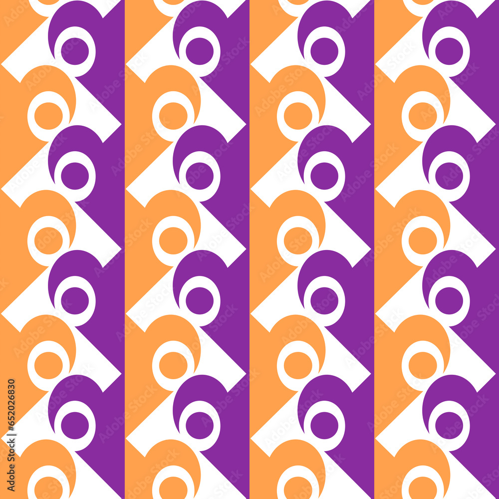 Fototapeta premium Geometric seamless pattern with one element of orange and purple color repeated vertically evenly in a row on a white background. Geometric abstraction.