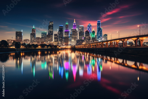 A city skyline illuminated with colorful lights in honor of Mental Health Awareness Month. Concept of urban awareness campaigns. Generative Ai.