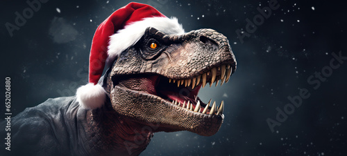 T-rex wearing a Santa hat with dark snowy background banner with copy space  © Lynne Ann Mitchell