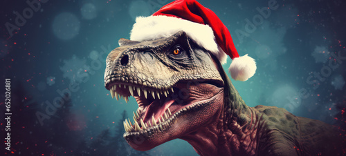 T-rex wearing a Santa hat with dark snowy background banner with copy space  © Lynne Ann Mitchell