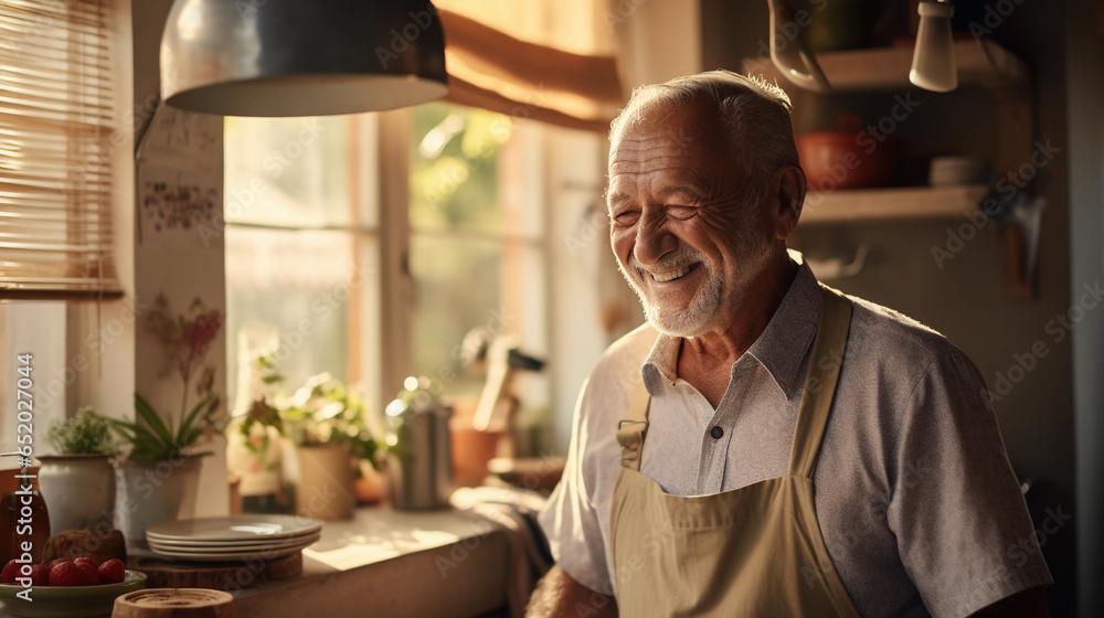 Fototapeta premium Old senior man wearing apron and standing in kitchen
