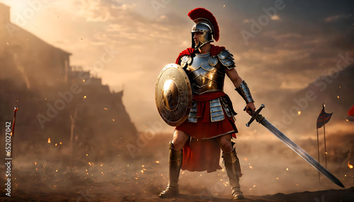 Vászonkép Roman male legionary (legionaries) wear helmet with crest, gladius sword and a scutum shield, heavy infantryman, realistic soldier of the army of the Roman Empire, on Rome background