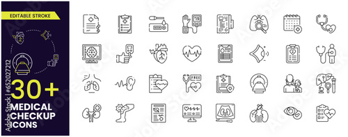 Set of stroke icons of medical check-ups. Anatomy icons as heart, lung, liver, brain, eye, hearing, kidneys, stomach. Editable vector stroke.