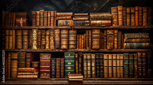 Old bookshelf with old books in a library. Toned.