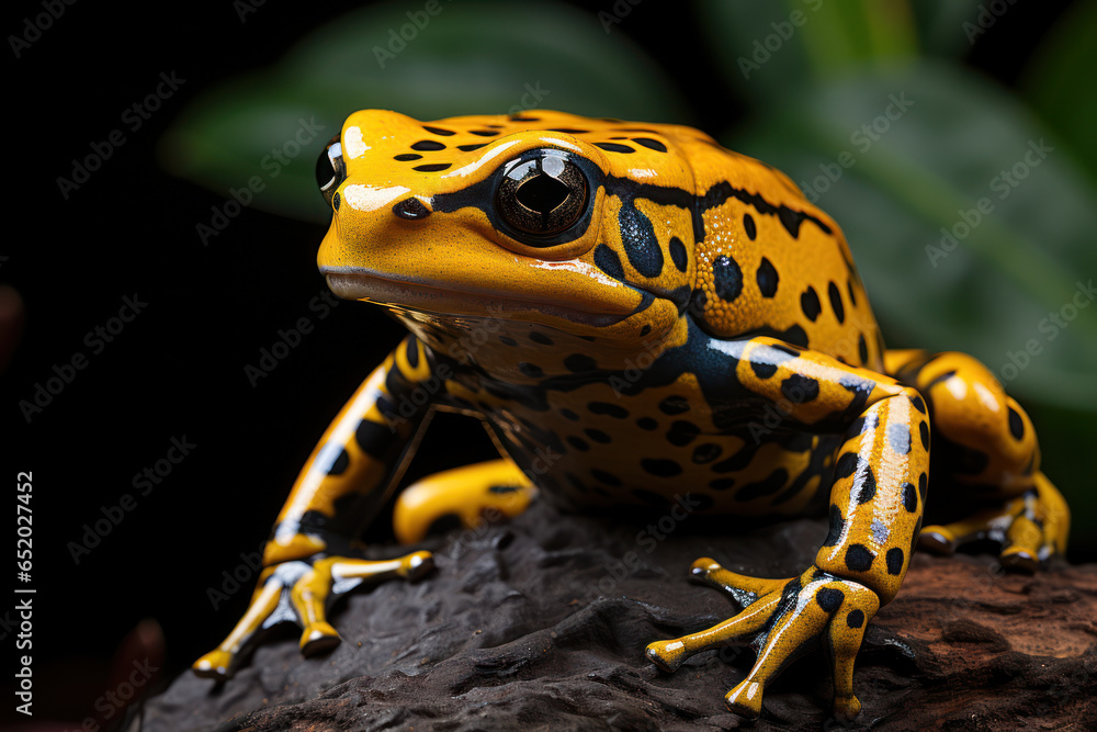 A vibrant golden poison dart frog, native to the rainforests of Colombia. Concept of vibrant biodiversity. Generative Ai. A vibrant golden poison dart frog, native to the rainforests of Colombia. Concept of vibrant biodiversity. Generative Ai.