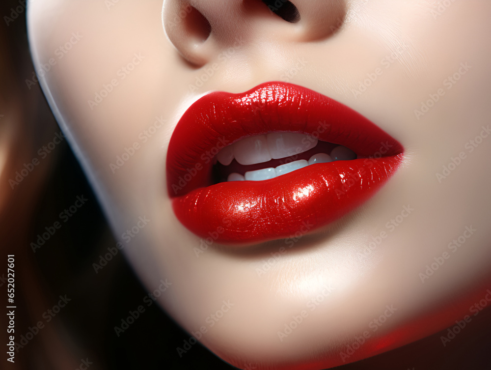 Fototapeta premium Close up view of beautiful woman lips with red lipstick. Fashion make up. Cosmetology or fashion makeup concept. Generative AI