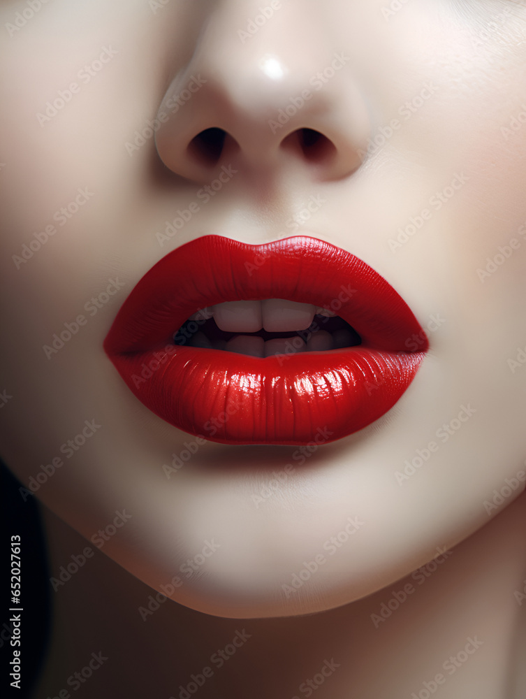 Obraz premium Close up view of beautiful woman lips with red lipstick. Fashion make up. Cosmetology or fashion makeup concept. Generative AI