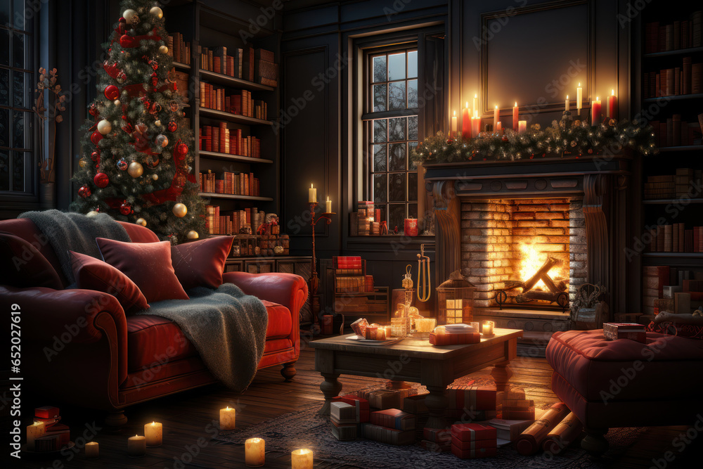 A cozy living room adorned with twinkling lights and a beautifully decorated Christmas tree. Concept of holiday warmth and traditions. Generative Ai. - obrazy, fototapety, plakaty 