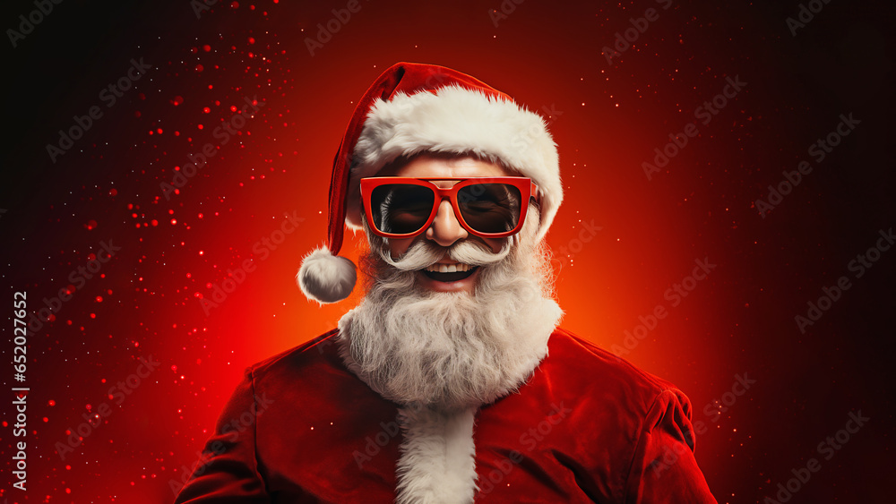 Attractive, smiling Cool Santa Claus - Positive Christmas or New Year concept. - obrazy, fototapety, plakaty 