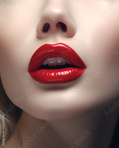 Beauty red lips makeup details. Beautiful makeup close-up. Sensual open mouth. Lipstick or lip gloss. Sexy lips. Generative AI