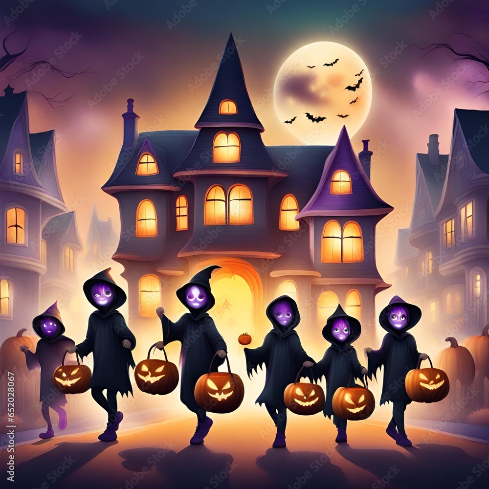 Enchanted house. Halloween scene. Halloween background. Spooky house, full moon and bats. Witches. Witch costume. Kids in disguise. Pumpkins jack o lantern.