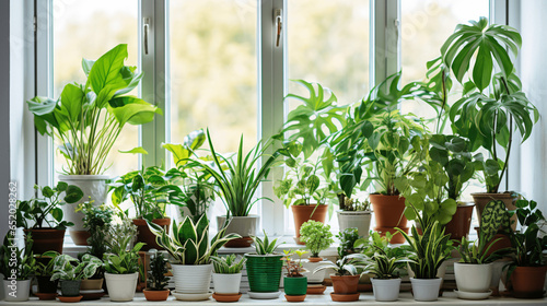 Many beautiful potted houseplants on windowsill
