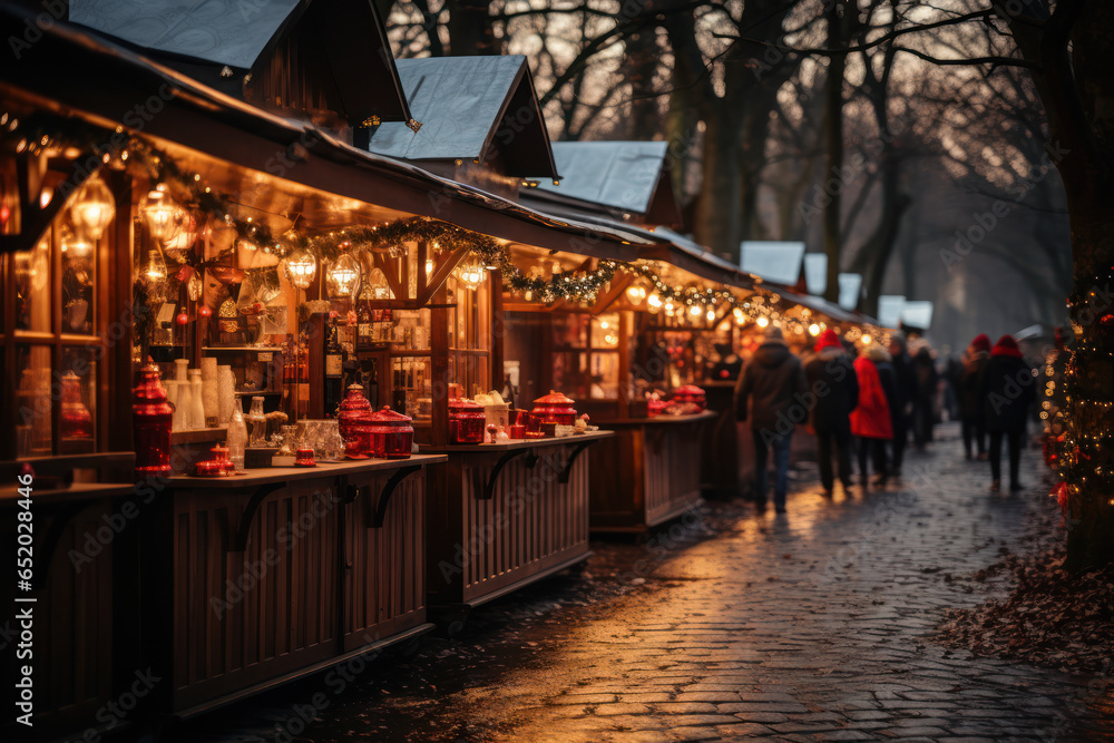 The twinkling lights of a small town's Christmas market, with stalls selling handmade ornaments and gifts. Generative Ai.