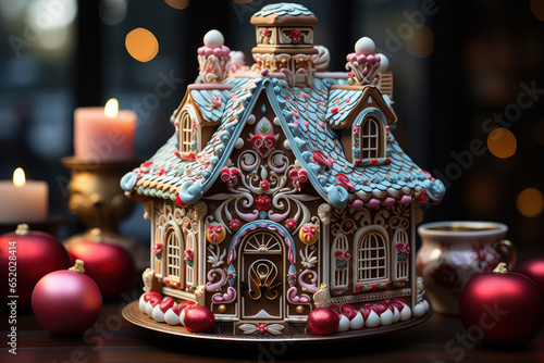 An intricate gingerbread house adorned with candy canes, gumdrops, and icing. Generative Ai.