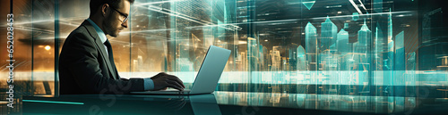 person typing on a digital tablet in the city - man with digital interface - futuristic setting