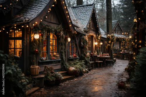 A cozy cabin nestled in the woods, where families gather for a rustic Christmas celebration. Generative Ai.