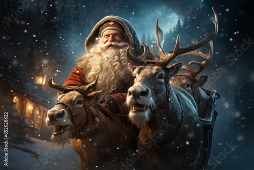 A family of reindeer pulling Santa's sleigh through the starry night sky. Generative Ai.