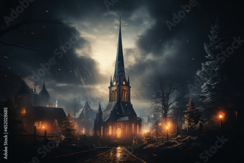Fotografia A church steeple illuminated against the night sky on Christmas Eve