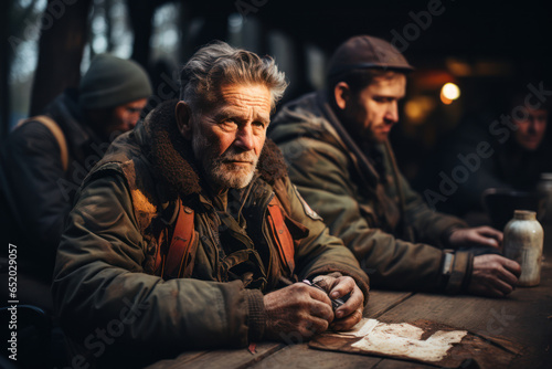 A group of veterans sharing stories of their service during pivotal moments in Polish history. Generative Ai.