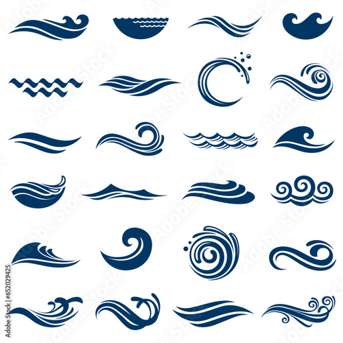 abstract collection of sea waves icons isolated on white background