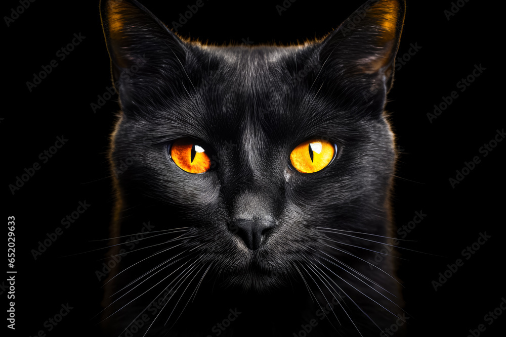 Close-up portrait of a black cat with yellow eyes on a black background