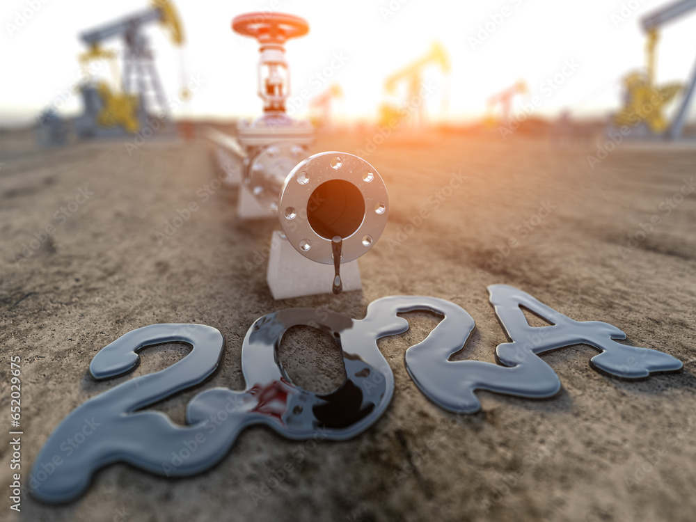 Oil pump line  tubes with  spilled oil in a form os 2024 and pump jacks. Happy new 2024 year for oil industry. - obrazy, fototapety, plakaty 