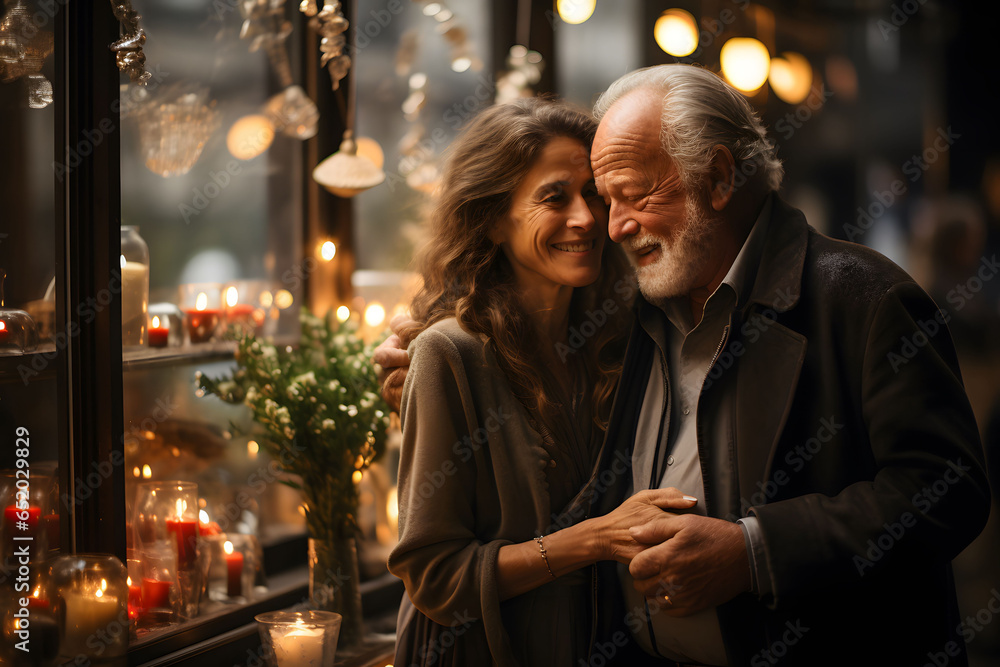an older couple smiles at each other outside a store doo an older couple smiles at each other outside a store doo
