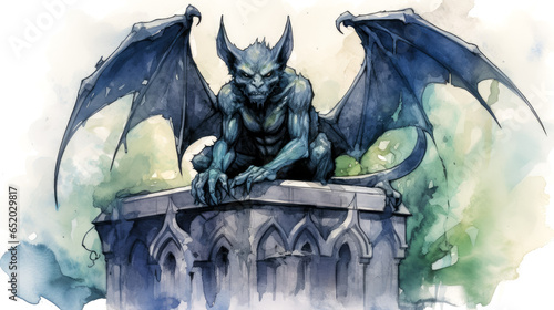 watercolor of a fantasy gargoyle on a grave in the cemetery photo
