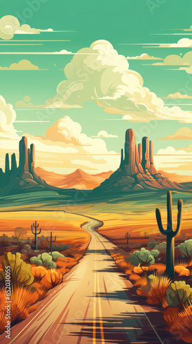 Long automobile road, highway along the mountains and desert landscape, travel concept, traveling by car, cartoon illustration