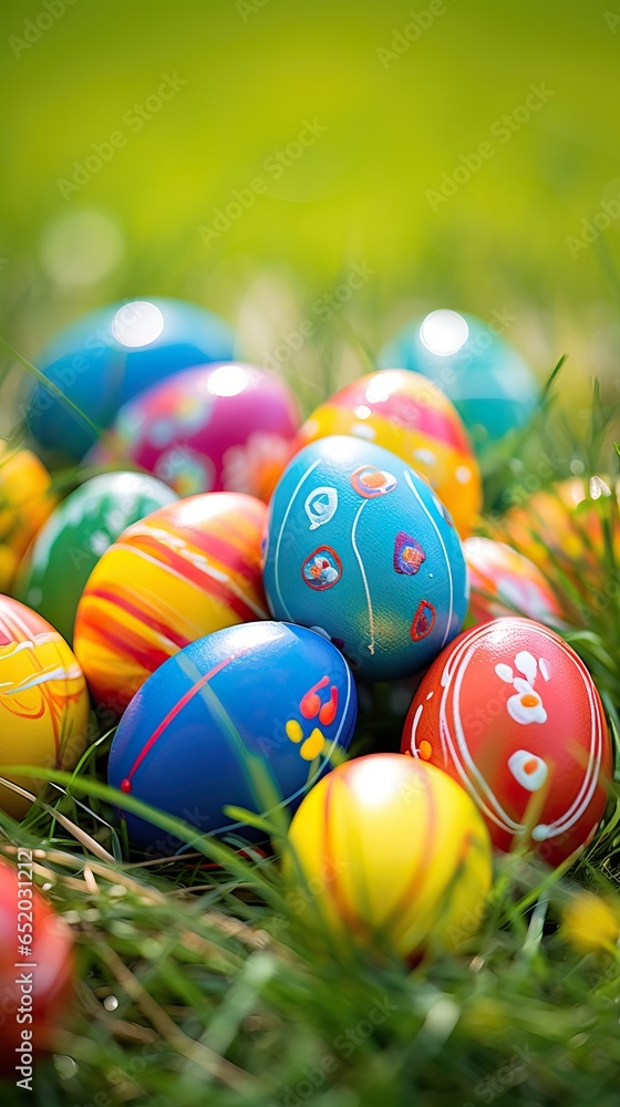 Easter Eggs over a Grass Surface. Selective Focus. April Season Event.