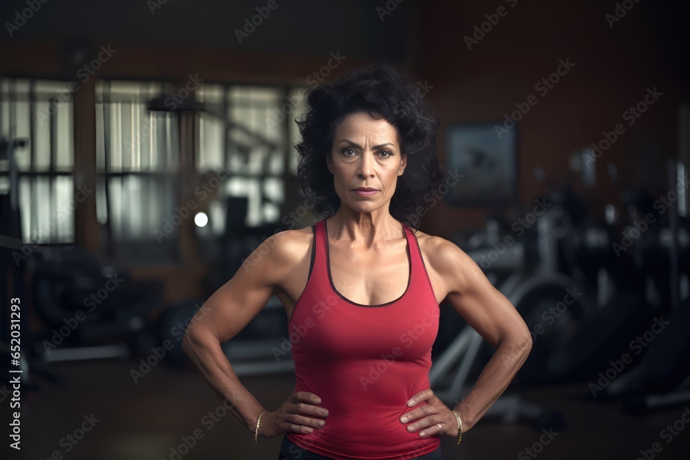 Attractive mature hispanic woman posing at a gym looking at the camera