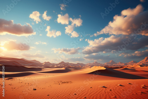 A serene desert landscape at sunset  showcasing the vast dunes of the Arabian Desert. Concept of the breathtaking desert landscapes in the Near East. Generative Ai.