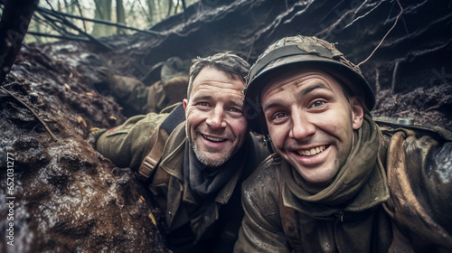 portrait of two soldiers in a trench at war. They are smiling. photo