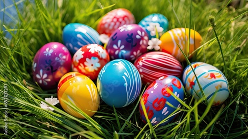 Easter Eggs over a Grass Surface. Selective Focus. April Season Event.