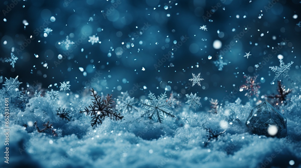 Fototapeta premium Winter background with snowflakes close-up and blue tint, snow-covered trees, free copy space, cold time, Concept: landscape splash screen