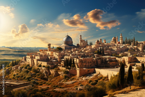 The ancient city of Jerusalem, a place of great significance for Judaism, Christianity, and Islam. Concept of religious diversity and history in the Near East. Generative Ai.