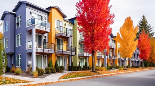 Colorful facades of houses in a row with autumn leaves.