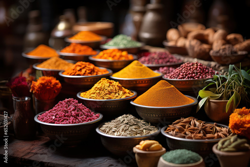 Fototapeta Naklejka Na Ścianę i Meble -  A traditional spice market in Marrakech, Morocco, with a kaleidoscope of fragrant spices and herbs. Concept of culinary delights in the Near East. Generative Ai.